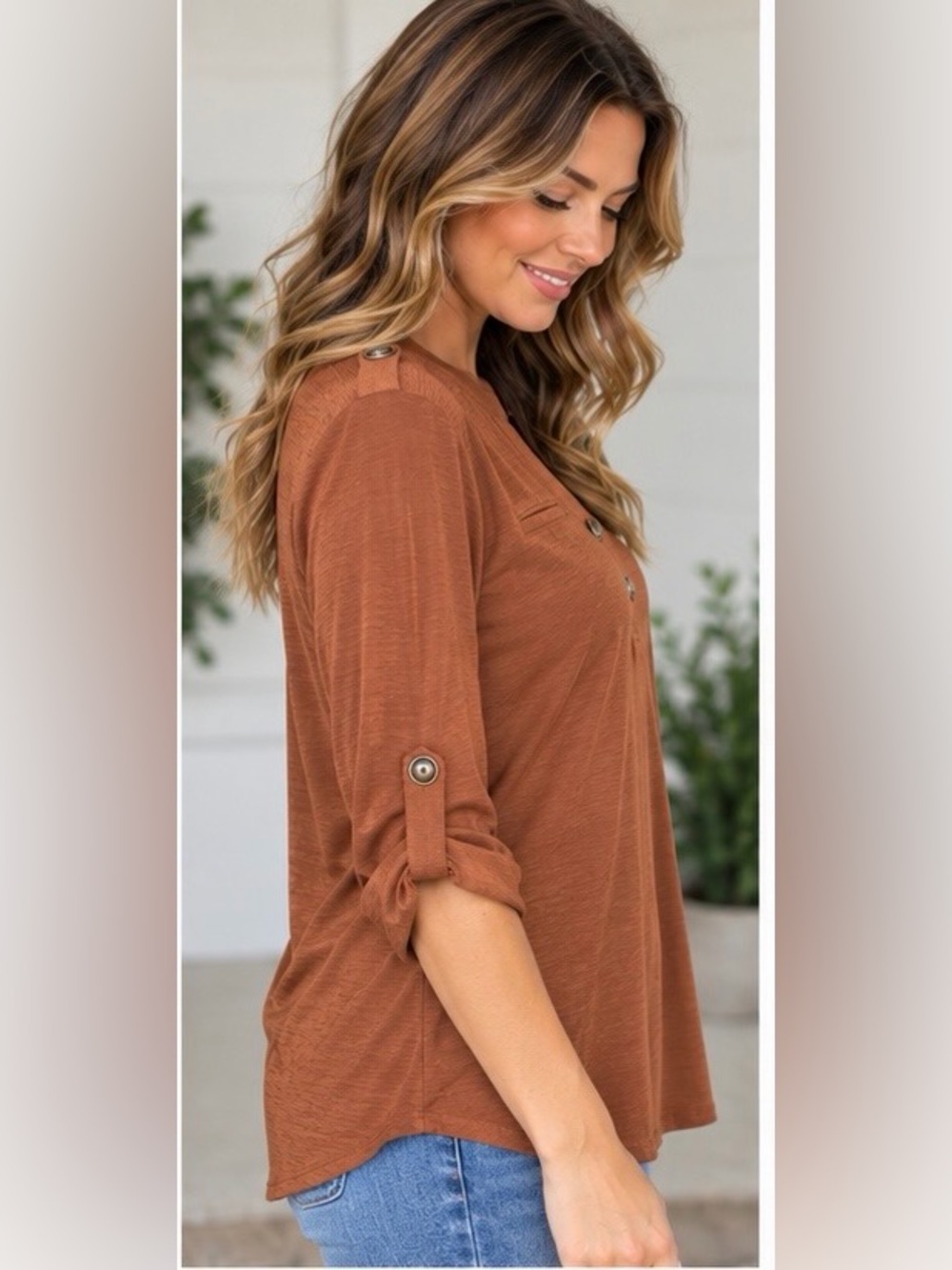 Button-Front Rust Long Sleeve Henley Tunic Top V-Neck NWT - Picture 2 of 10